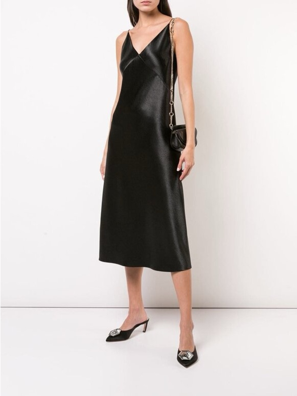 VINCE Metallic Black Satin V-Neck Midi Slip Dress NWT , sz : small